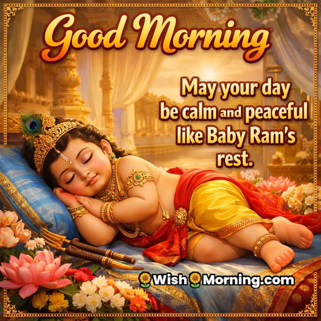Good Morning Baby Ram Peace Message featuring Baby Ram peacefully resting on a decorated bed with flowers and palace setting, symbolizing calmness, rest, and serenity.
