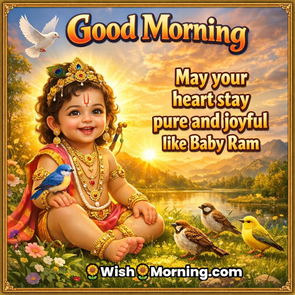 Good Morning Baby Ram Pure Heart Message featuring Baby Ram sitting near a sunrise lake with birds and flowers, symbolizing purity, innocence, and joyful heart.