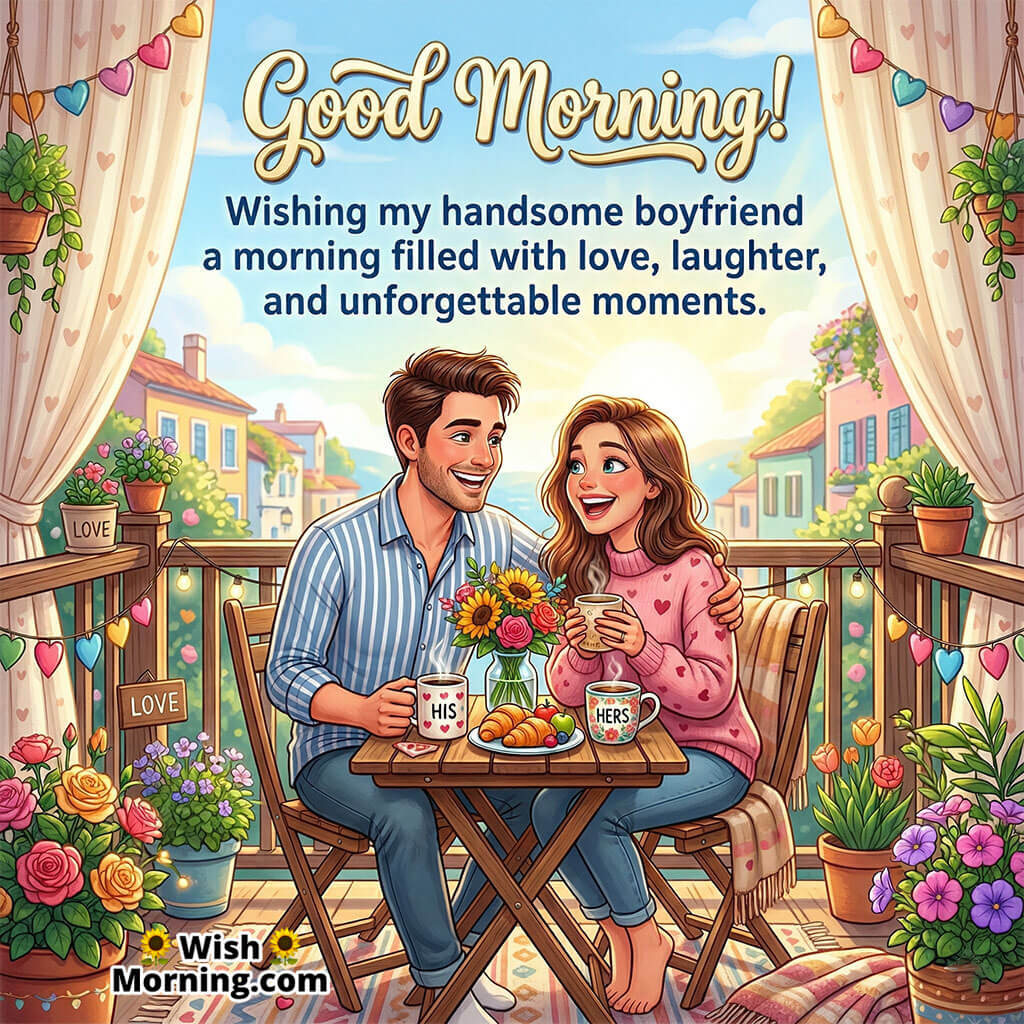 Good Morning Boyfriend Romantic Love Message Image featuring a cheerful couple sharing coffee and conversation with flowers and decorative lights symbolizing care, love, and unforgettable moments.