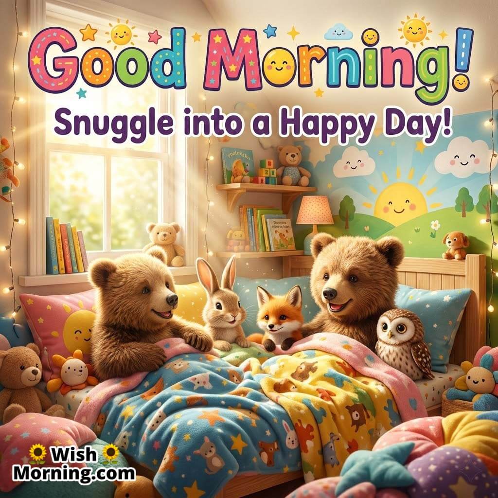 Good Morning snuggle quote image featuring adorable cartoon animals including bears, rabbit, fox, and owl sitting together on a cozy bed in a warm children’s room symbolizing comfort, friendship, and a joyful morning.