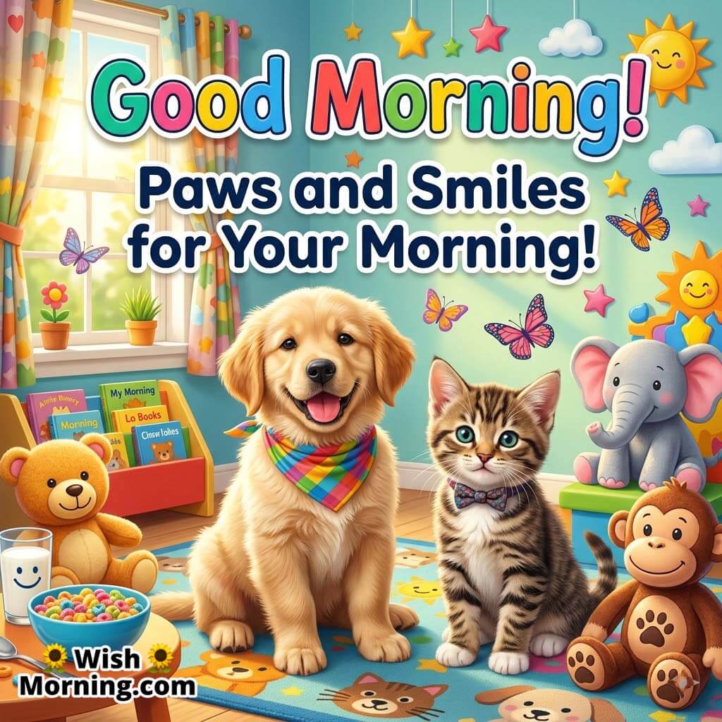 Good Morning cute pets quote image featuring an adorable puppy and kitten sitting together in a colorful kids playroom with toys, books, butterflies, and cheerful decorations symbolizing friendship, joy, and a playful start to the day.