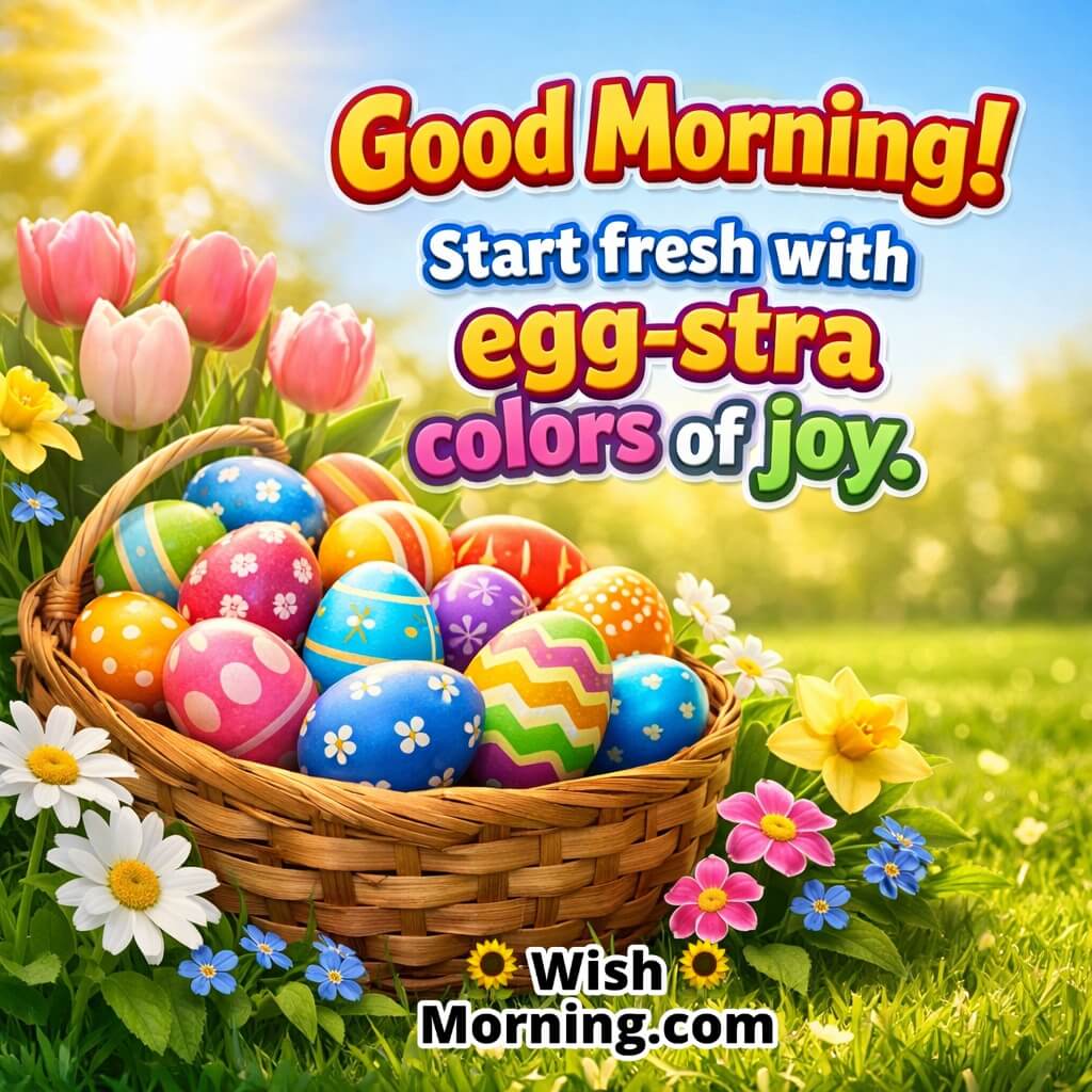 Good Morning Easter Egg Image with Colorful Quote featuring painted eggs with flowers in a basket symbolizing freshness joy and festive morning spirit.