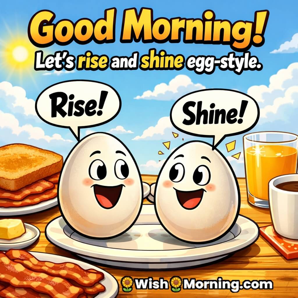 Good Morning Egg Cartoon Image with Funny Dialogue featuring comic-style eggs saying rise and shine symbolizing humor and joyful morning energy.