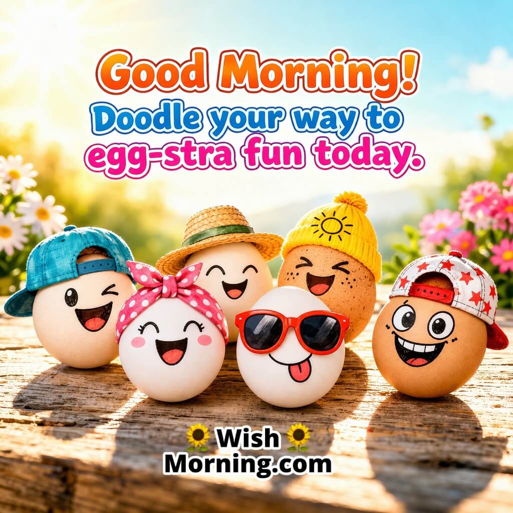 Good Morning Egg Doodle Image with Funny Quote featuring eggs with playful doodle faces and hats on a table symbolizing fun and cheerful morning vibes.