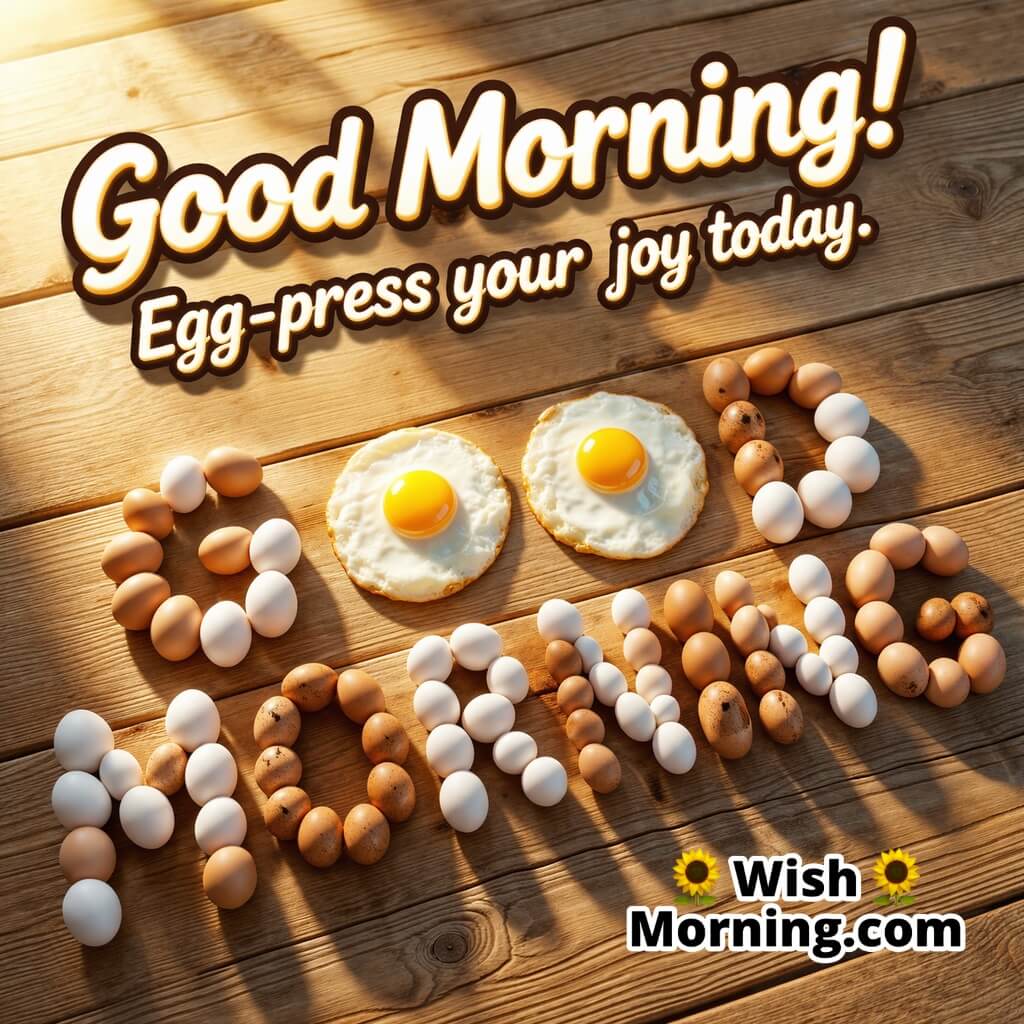 Good Morning Egg Word Art Image with Creative Design featuring eggs arranged as letters spelling good morning symbolizing creativity and positivity.