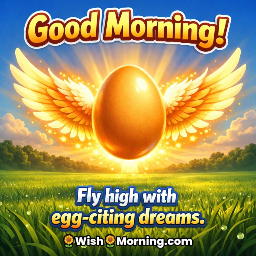 Good Morning Egg with Wings Image and Inspiring Quote featuring egg with glowing wings over sunrise field symbolizing dreams and freedom.