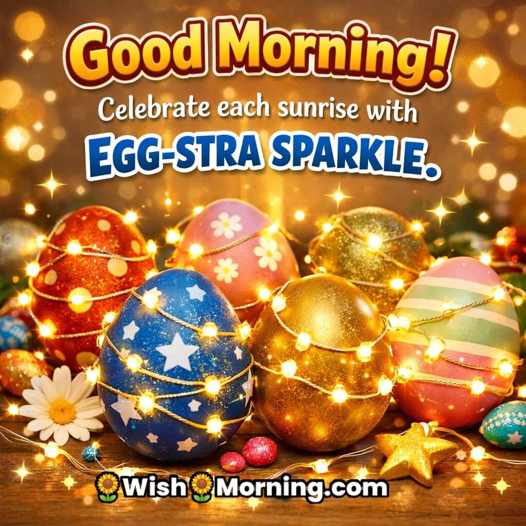 Good Morning Festive Egg Image with Sparkle Quote featuring eggs decorated with lights and glowing sparkles symbolizing celebration and joyful morning energy.