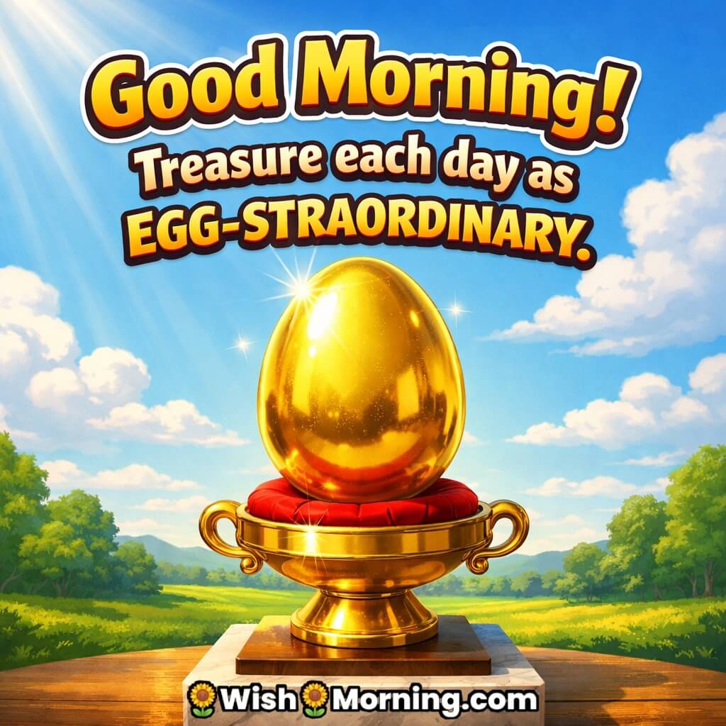 Good Morning Golden Egg Image with Motivational Quote featuring egg placed like a trophy under sunlight symbolizing success achievement and confidence.