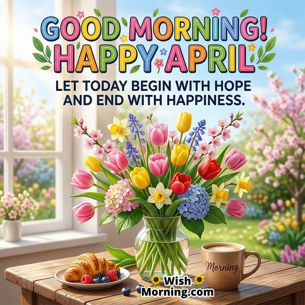 Good Morning Happy April Positive Start Message Image featuring a bright bouquet of spring flowers with soft morning light symbolizing happiness, hope, and a fresh start.