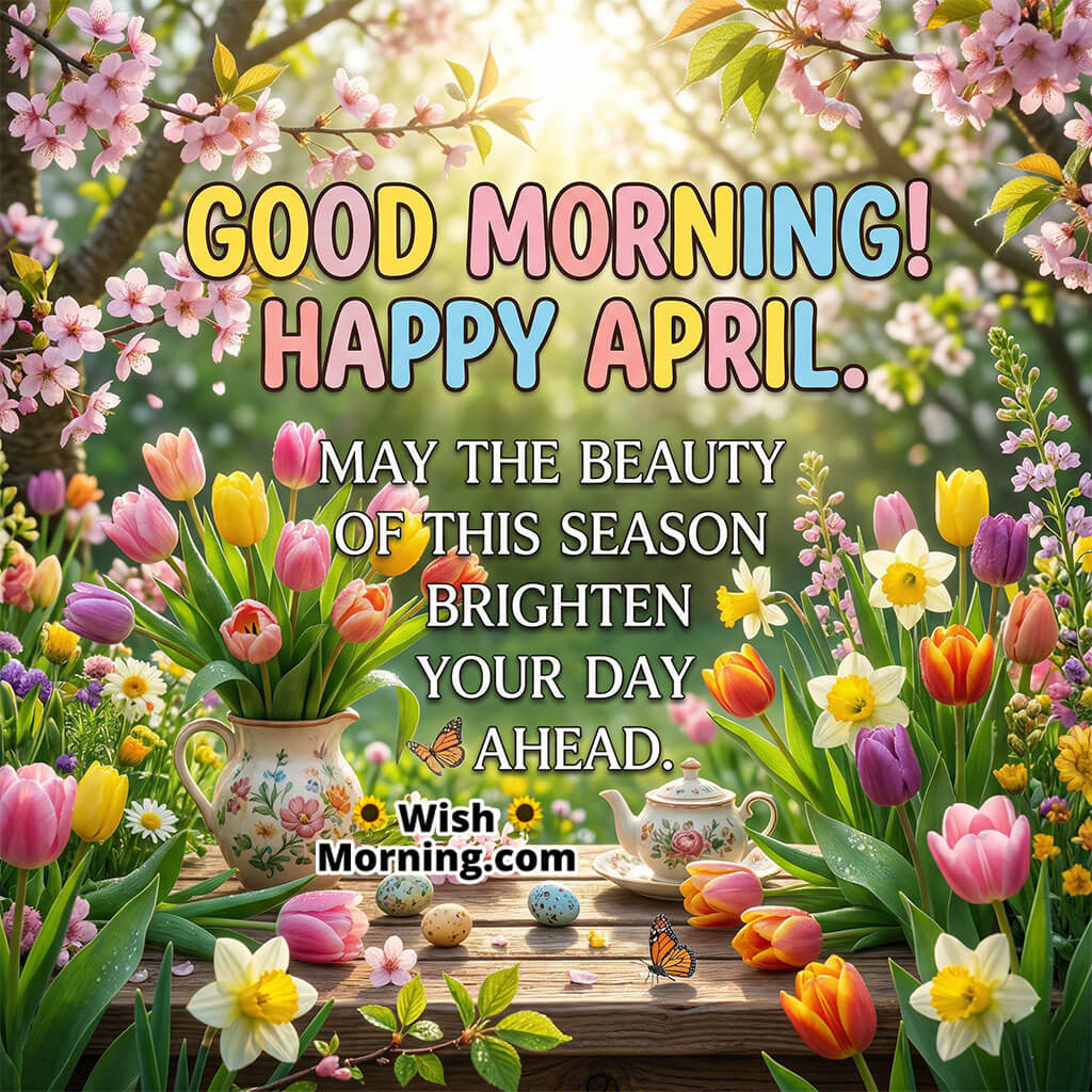 Good Morning Happy April Seasonal Beauty Quote Image featuring colorful tulips and blossoms arranged beautifully with soft sunlight symbolizing seasonal charm, joy, and brightness.