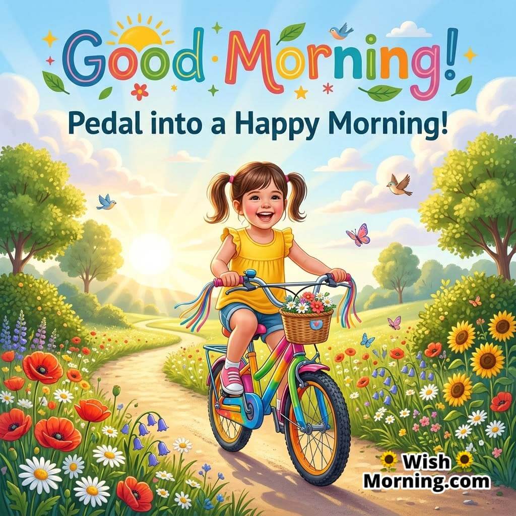Good Morning happy cycling quote image featuring a smiling child riding a colorful bicycle on a sunny path surrounded by flowers, butterflies, birds, and bright morning nature symbolizing energy, adventure, and a joyful start to the day.