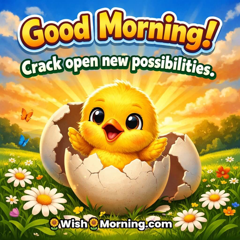 Good Morning Hatching Egg Image with Inspirational Quote featuring chick coming out of egg under sunrise symbolizing new beginnings and growth.