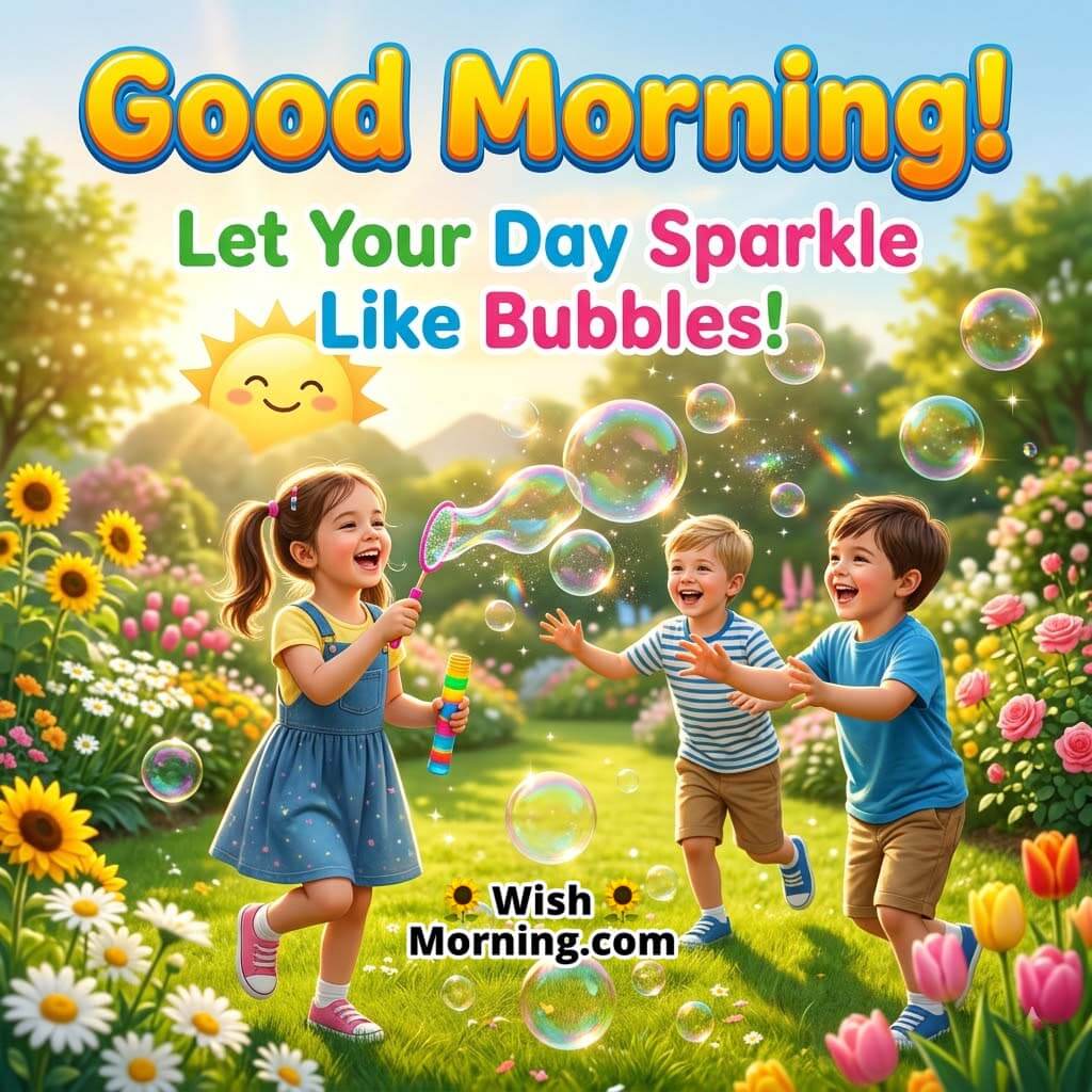 Good Morning kids happiness quote image featuring joyful children playing with bubbles in a sunny garden filled with flowers and bright morning light symbolizing fun, laughter, and a cheerful start to the day.