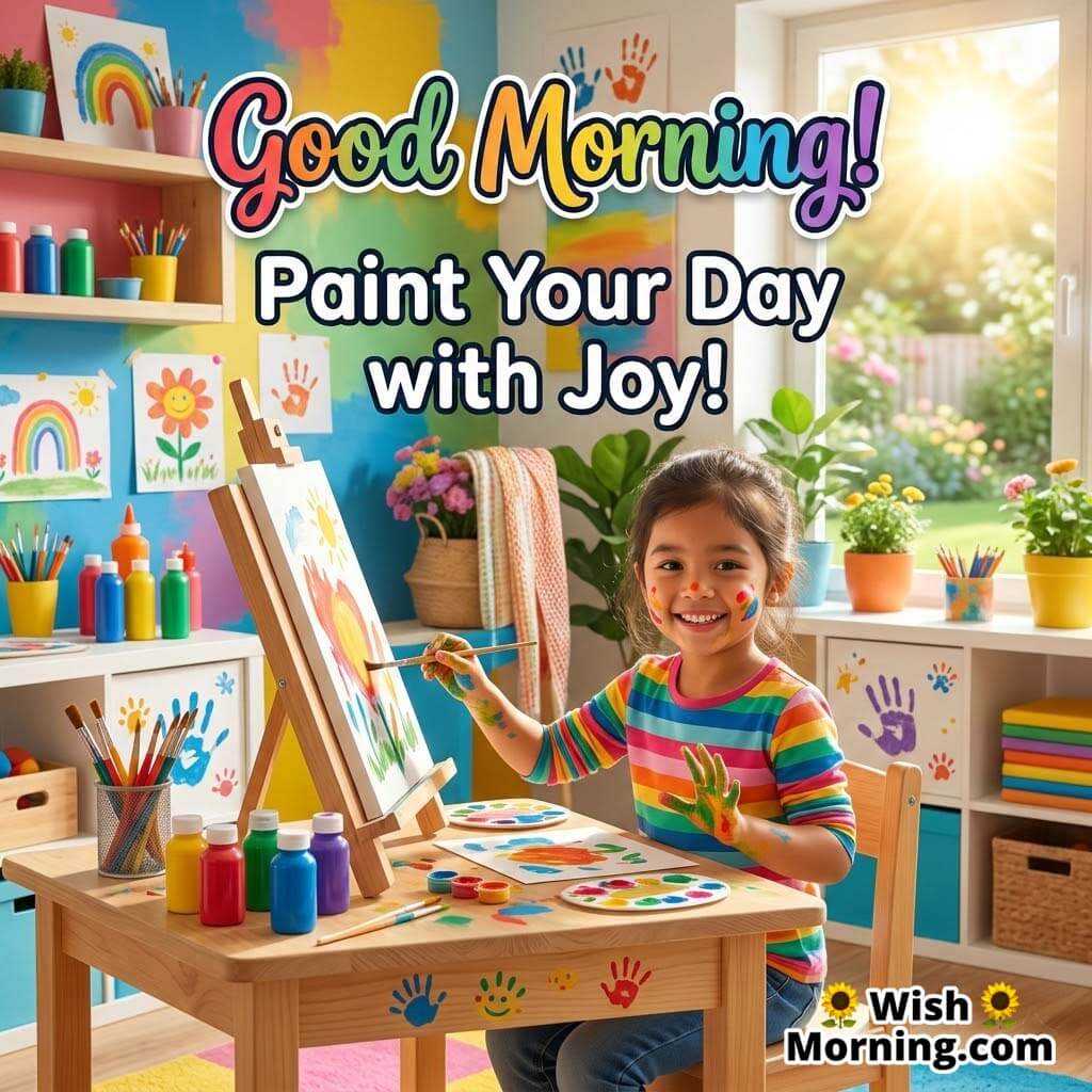 Good Morning kids creativity quote image featuring a smiling child painting on an easel in a colorful art room filled with paint bottles, drawings, and bright sunlight symbolizing creativity and joyful learning.