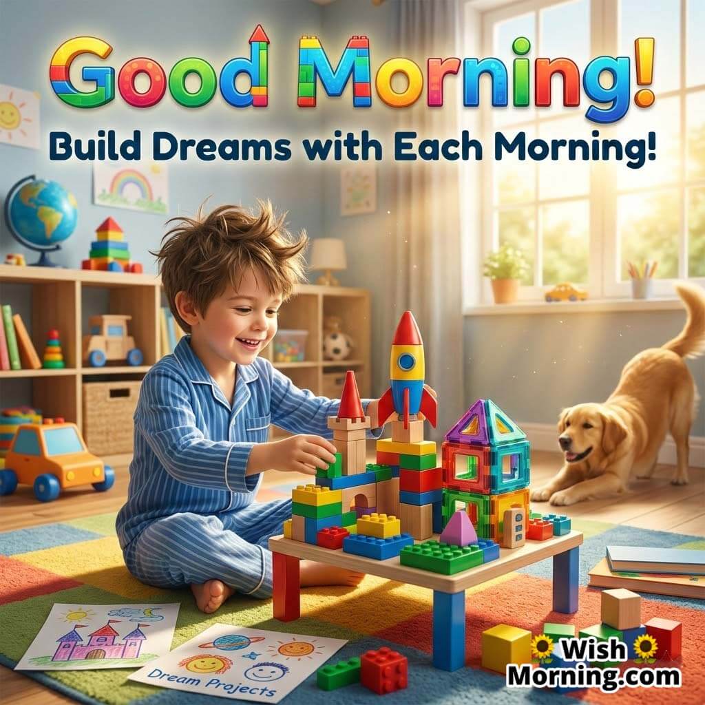 Good Morning kids dream building quote image featuring a happy child building a colorful block castle in a bright playroom with toys and a dog nearby symbolizing imagination, dreams, and joyful morning play.