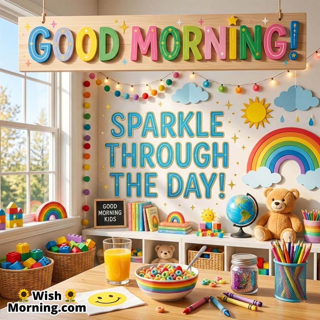 Good Morning sparkle through the day quote image featuring a colorful kids room with rainbow decorations, cereal breakfast on the table, toys, crayons, and cheerful morning sunlight symbolizing a bright and energetic start for children.