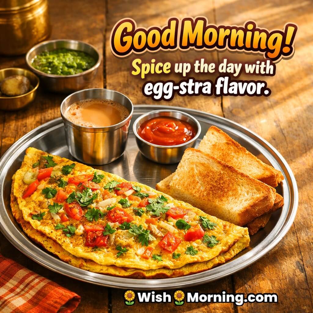 Good Morning Masala Omelette Image with Breakfast Quote featuring spicy omelette with bread and chai on a traditional plate symbolizing warmth and flavorful start.