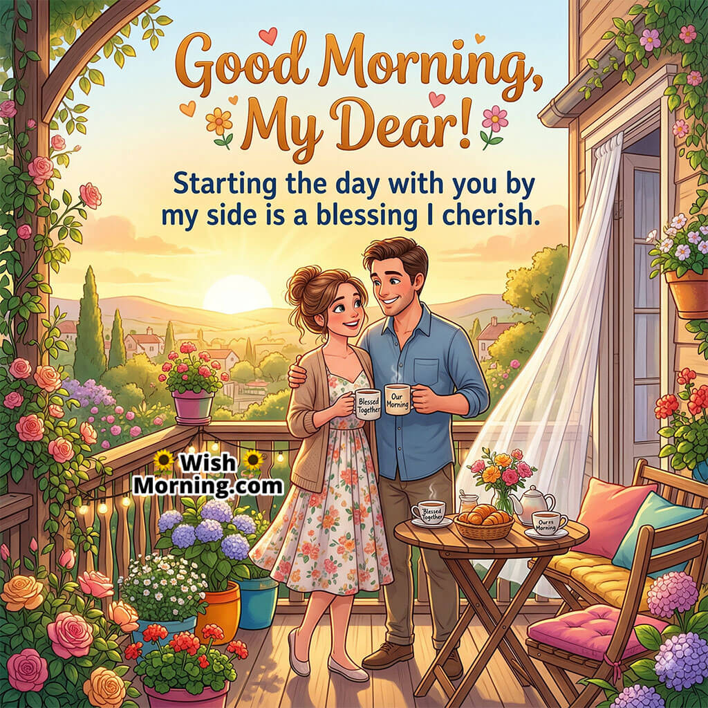 Good Morning My Dear True Love Message Image featuring a smiling couple sharing a peaceful morning moment with coffee, flowers, and soft light symbolizing togetherness, care, and emotional bond.