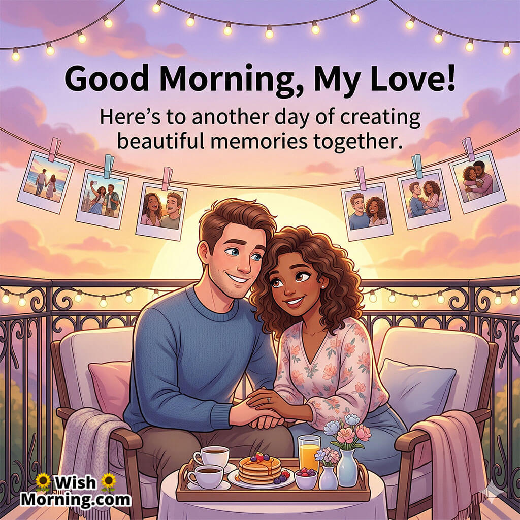 Good Morning My Love Beautiful Memories Quote Image featuring a couple sitting close together with coffee and soft glowing lights around them symbolizing love, connection, and cherished moments.