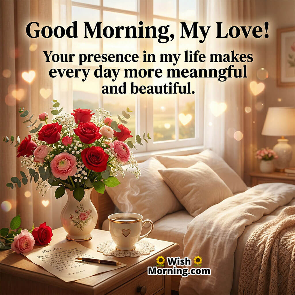 Good Morning My Love Warm Feelings Quote Image featuring a bouquet of roses, a coffee cup, and a softly lit cozy setup symbolizing affection, comfort, and meaningful presence.
