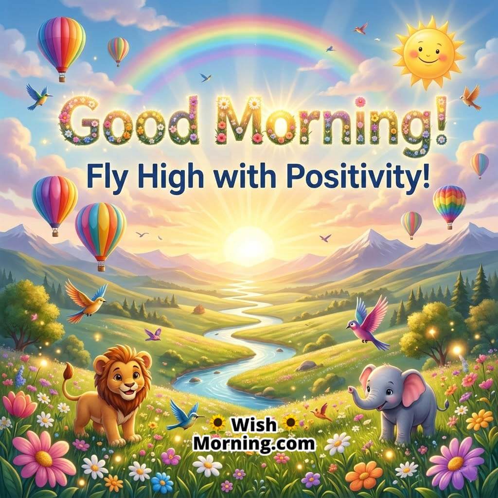 Good Morning positivity quote image featuring a colorful sunrise landscape with rainbow, hot air balloons, birds, flowers, and cute animals symbolizing happiness, hope, and an uplifting start to the day.