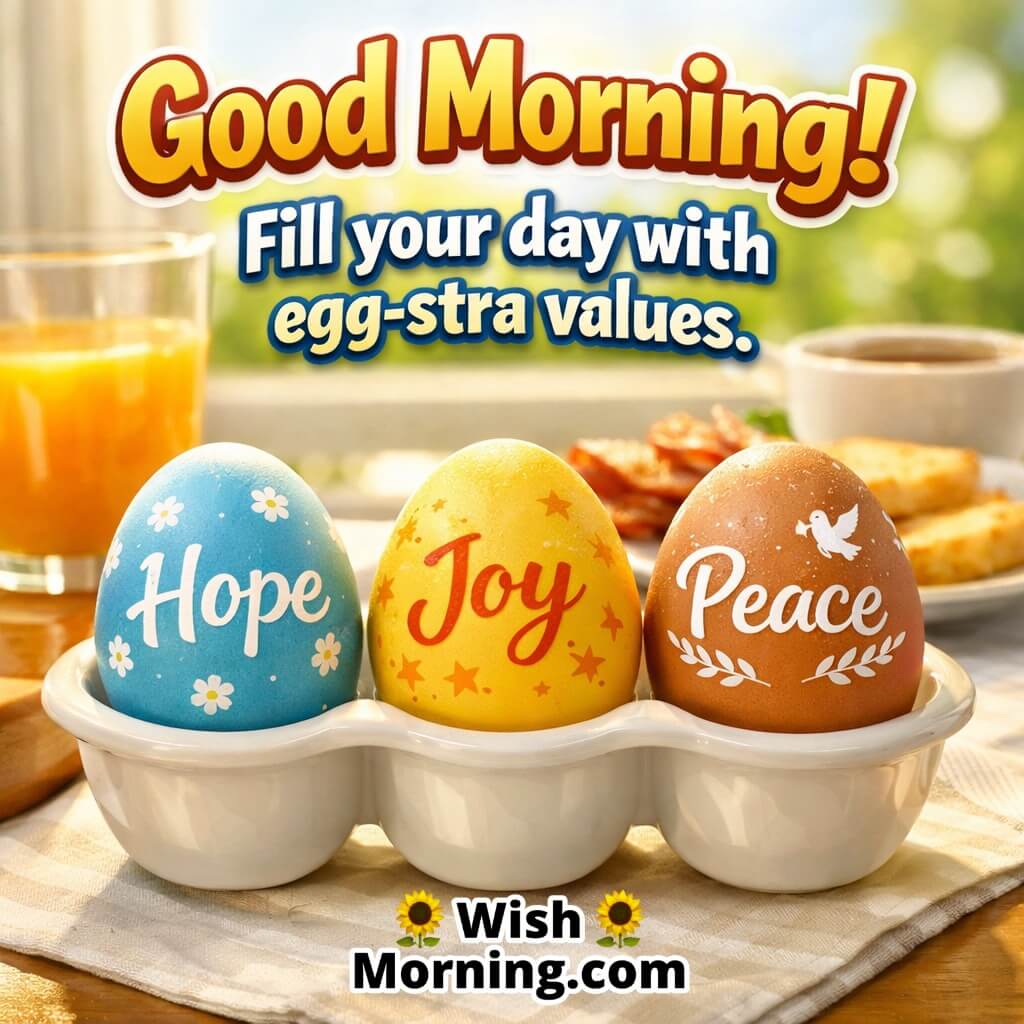 Good Morning Positive Word Egg Image with Quote featuring eggs with words like hope joy peace symbolizing positivity and uplifting thoughts.