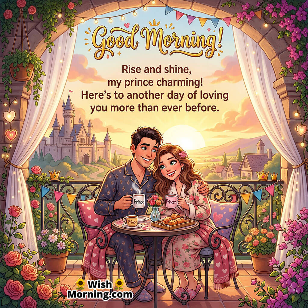 Good Morning Prince Charming Love Quote Image featuring a happy couple enjoying coffee together with flowers, hearts, and a warm sunrise glow symbolizing romance, affection, and deep love.