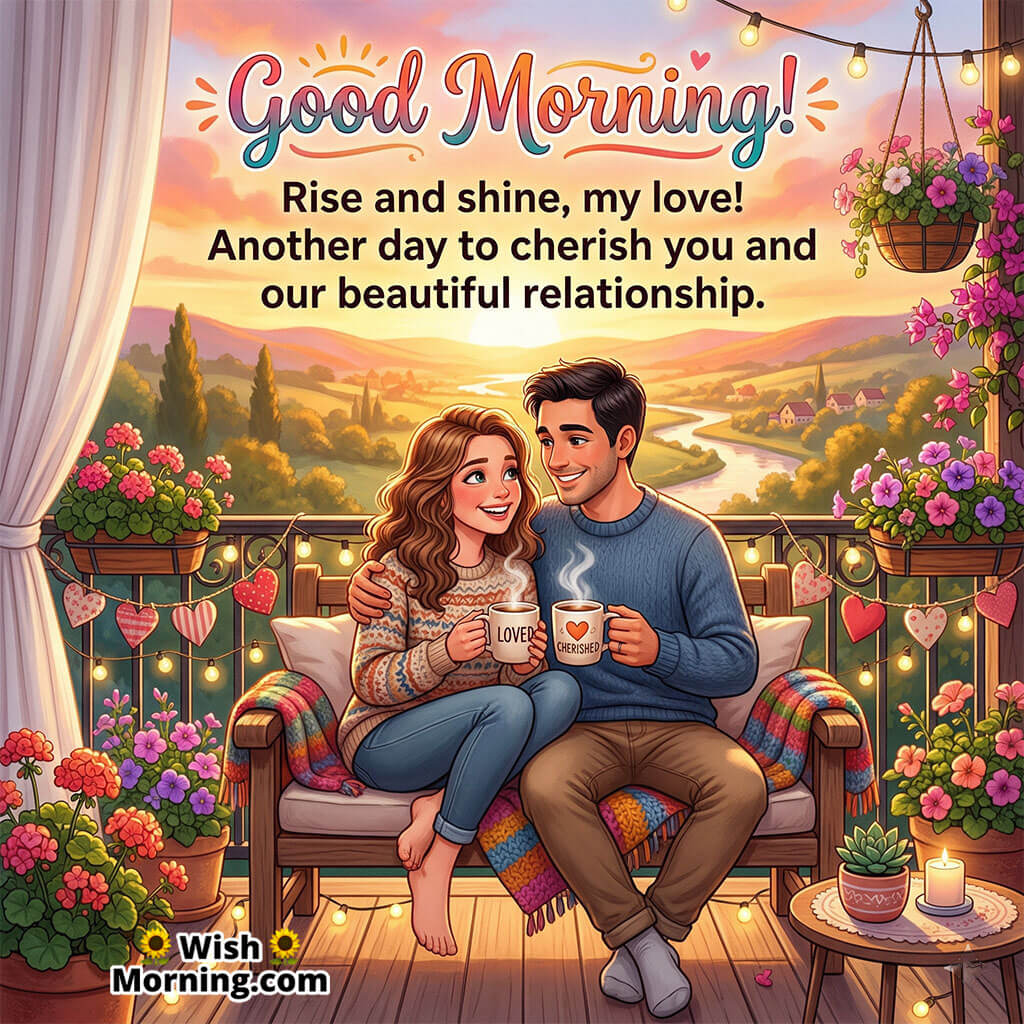 Good Morning Romantic Couple Love Quote Image featuring a happy couple sitting together with coffee mugs, flowers, and a warm sunrise view symbolizing love, bonding, and beautiful togetherness.
