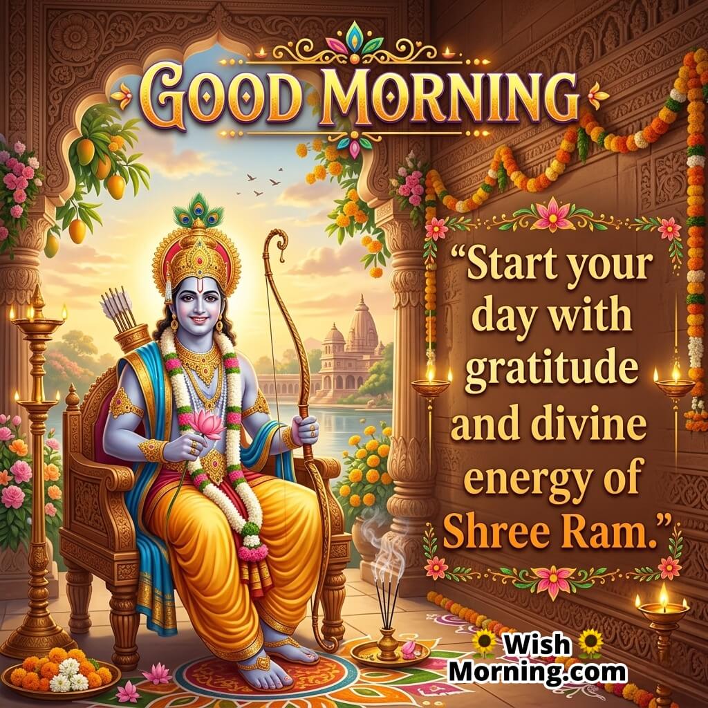 Good Morning Shree Ram Gratitude Message Image featuring Lord Ram holding a bow with calm smile, temple surroundings, floral decorations, and incense setup symbolizing gratitude, devotion, and positive energy.