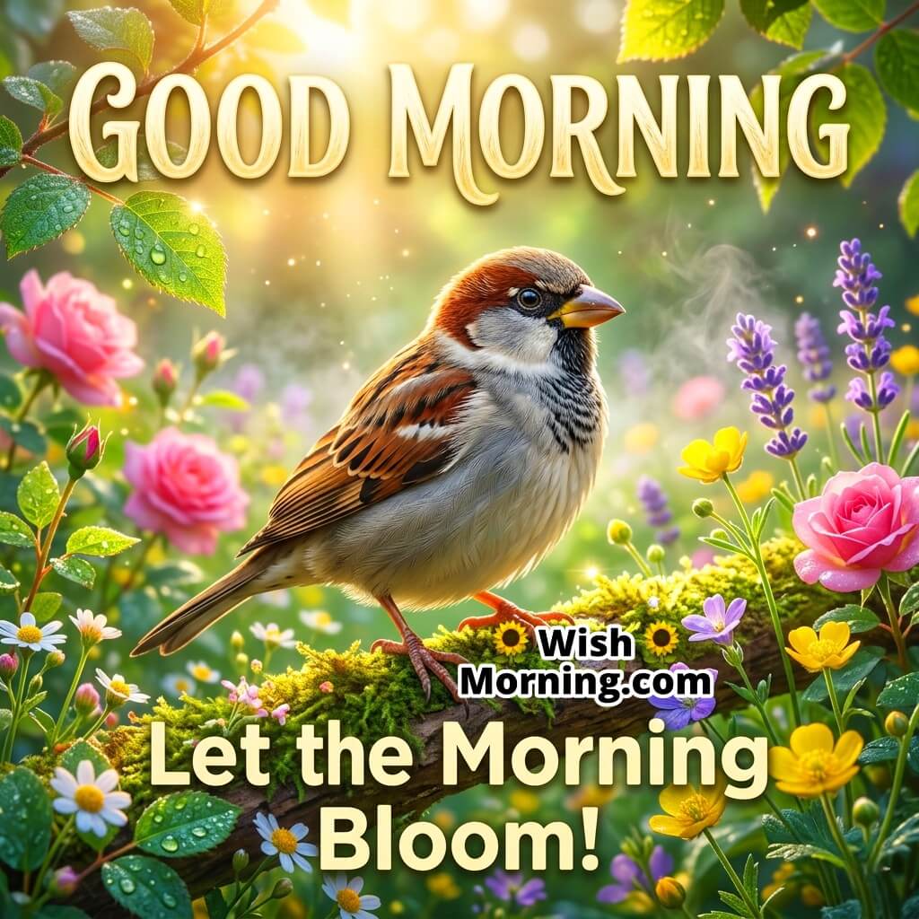 Good Morning Sparrow Blooming Nature Quote Image featuring a small sparrow perched on a branch surrounded by colorful flowers, fresh green leaves, and golden sunlight symbolizing growth, freshness, and a bright new beginning.