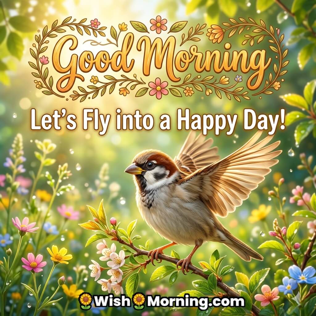 Good Morning Sparrow Flying Joyful Start Message Image featuring a sparrow with open wings resting on a flowering branch in a glowing garden background symbolizing freedom, happiness, and a cheerful start to the day.