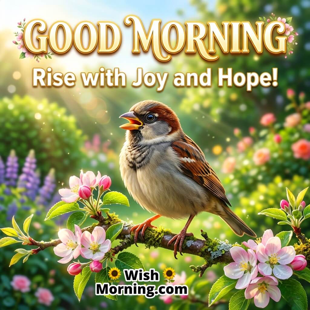 Good Morning Sparrow Joyful Sunrise Quote Image featuring a singing sparrow on a blooming branch with soft sunlight rays and pastel flowers symbolizing hope, joy, and a peaceful uplifting morning.