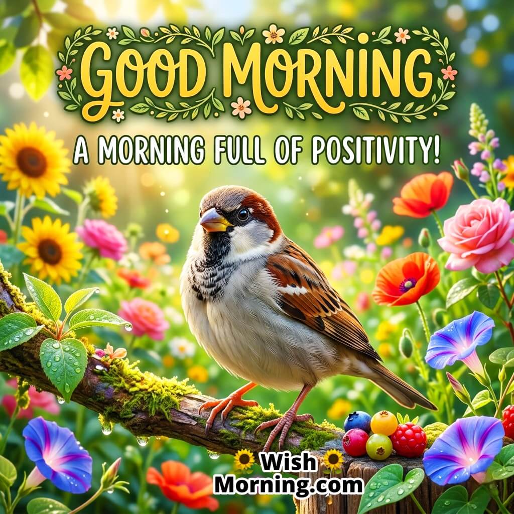 Good Morning Sparrow Positive Garden Wish Image featuring a cute sparrow sitting on a mossy branch surrounded by vibrant flowers and fruits symbolizing positivity, energy, and a refreshing morning vibe.