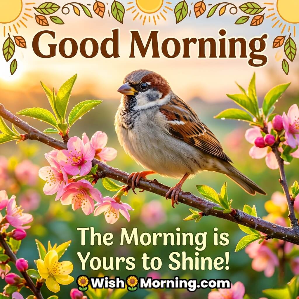 Good Morning Sparrow Shine Bright Message Image featuring a sparrow resting on a branch with blooming flowers against a warm sunrise background symbolizing confidence, positivity, and a fresh new opportunity.