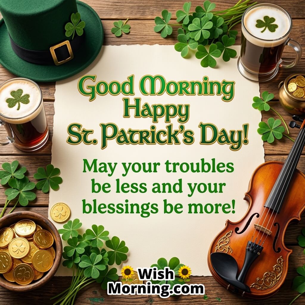 Good Morning St. Patrick’s Day Irish Blessing Quote Image featuring shamrocks, a green Irish hat, mugs of coffee, gold coins, and a violin arranged on a wooden table symbolizing Irish tradition, music, blessings, and festive morning cheer.