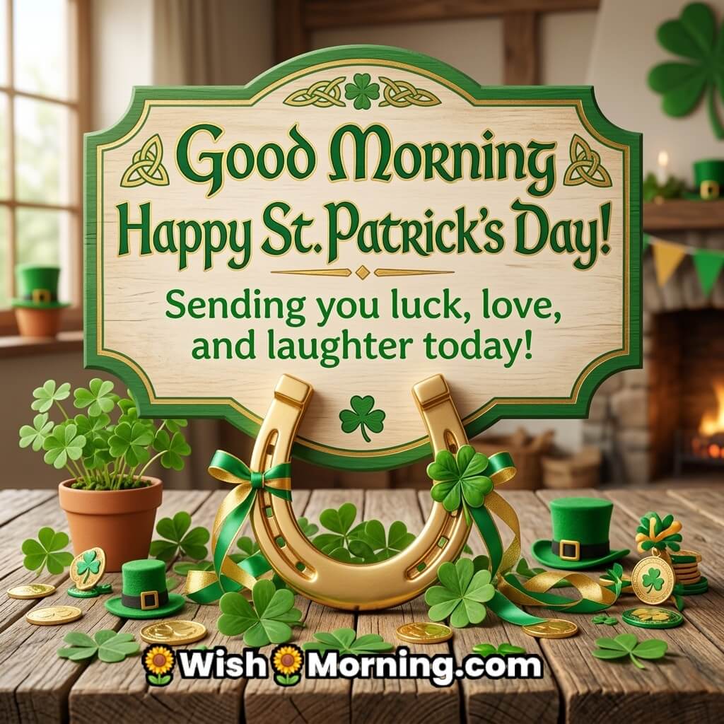 Good Morning St. Patrick’s Day Lucky Horseshoe Message Image featuring a decorative wooden sign with a golden horseshoe, shamrocks, coins, and festive Irish decorations on a rustic table symbolizing luck, prosperity, and joyful celebration.
