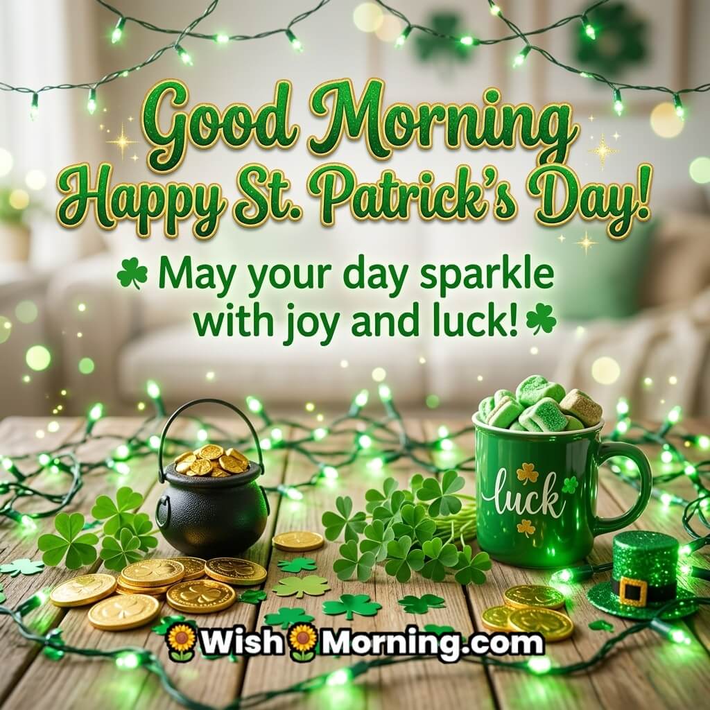 Good Morning St. Patrick’s Day Sparkling Luck Wish Image featuring green fairy lights, shamrocks, gold coins, a lucky mug, and festive decorations on a wooden table symbolizing joy, good fortune, and cheerful morning celebration.