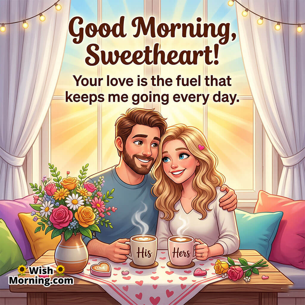 Good Morning Sweetheart Love Happiness Wish Image featuring a smiling couple enjoying coffee together with flowers and soft glowing light symbolizing joy, love, and emotional closeness.