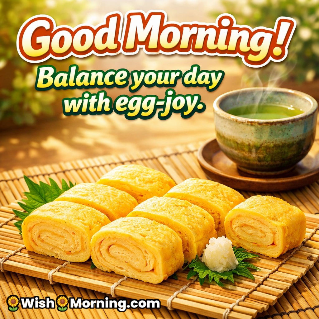 Good Morning Tamagoyaki Egg Image with Calm Quote featuring neatly rolled egg slices on bamboo mat with tea symbolizing balance and peaceful morning.