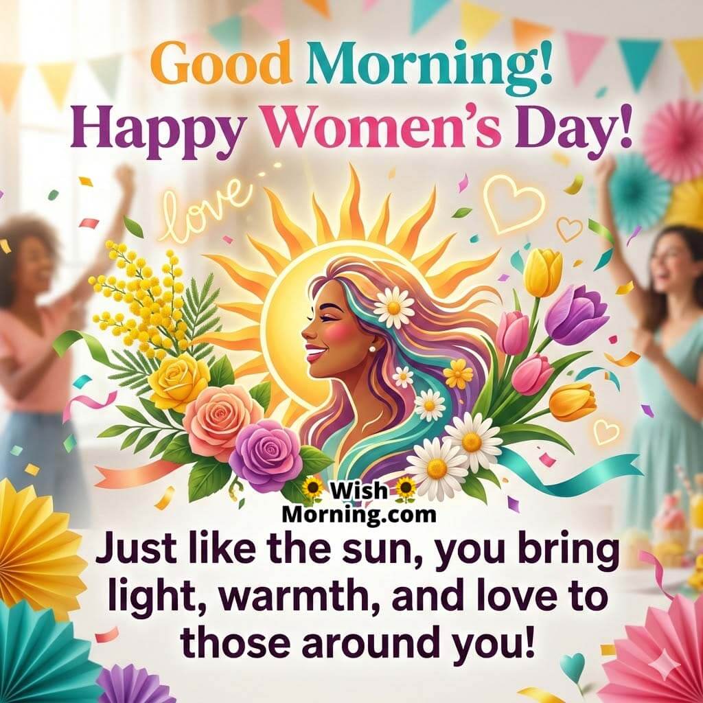 Good Morning Women’s Day Appreciation Message Image featuring an artistic illustration of a radiant woman surrounded by flowers and sunshine symbolizing warmth, love, and inspiration.