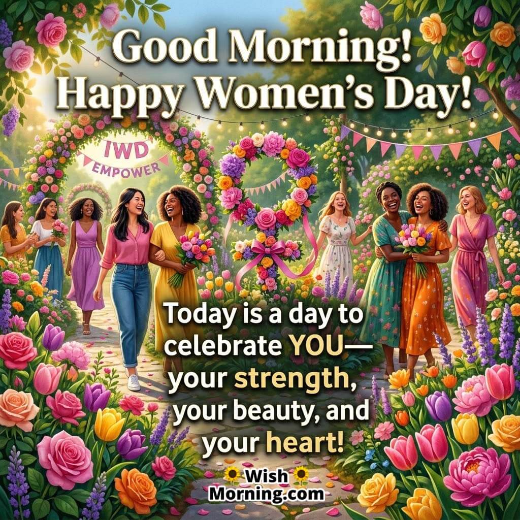 Good Morning Women’s Day Celebration Message Image featuring women celebrating together in a vibrant floral garden with ribbons and decorations symbolizing joy, empowerment, and appreciation.