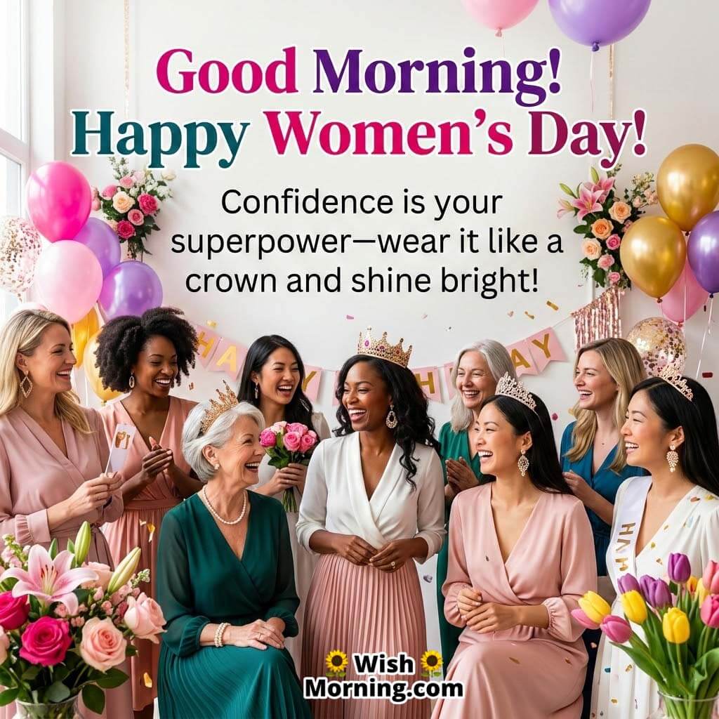Good Morning Women’s Day Confidence Message Image featuring women celebrating together with flowers, balloons, and joyful expressions symbolizing empowerment and confidence.