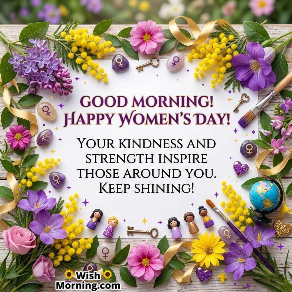 Good Morning Women’s Day Inspiration Message Image featuring colorful spring flowers, feminine symbols, and decorative elements around a greeting card symbolizing kindness, strength, and appreciation for women.