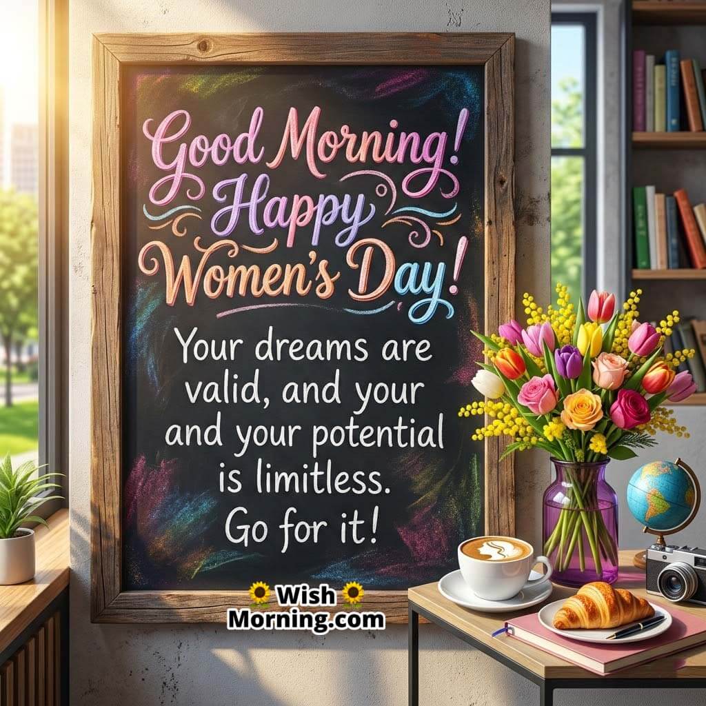 Good Morning Women’s Day Motivation Message Image featuring a chalkboard greeting in a cozy morning setting with flowers, coffee, and books symbolizing encouragement, dreams, and limitless potential.