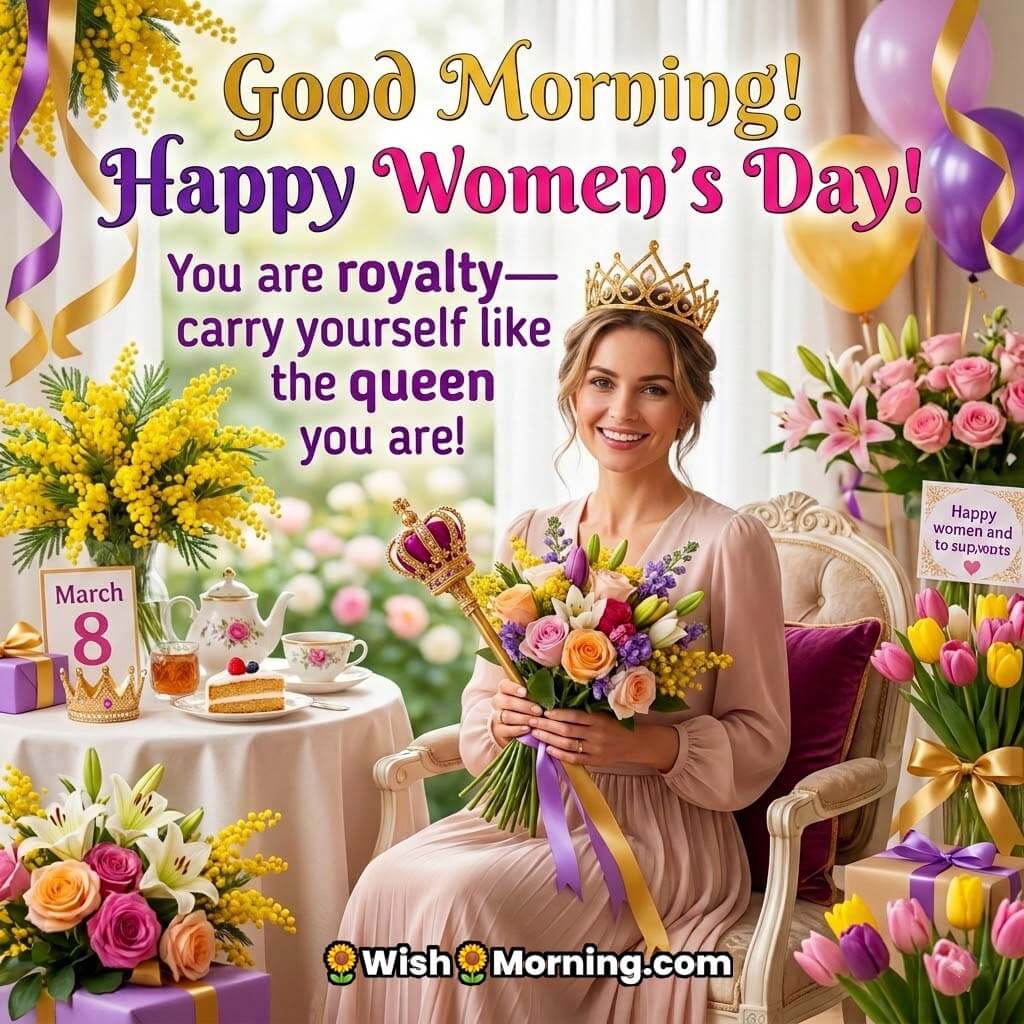 Good Morning Women’s Day Queen Tribute Message Image featuring a crowned woman holding flowers in a decorated celebration setting symbolizing dignity, grace, and strength.