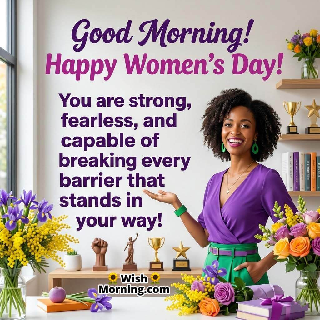 Good Morning Women’s Day Strength Message Image featuring a confident woman standing in a modern workspace with awards and flowers symbolizing courage, achievement, and determination.