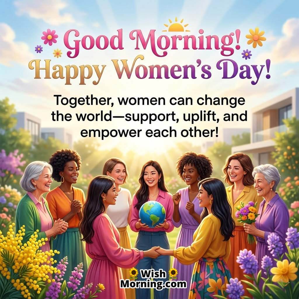 Good Morning Women’s Day Unity Message Image featuring diverse women standing together with a globe and flowers symbolizing unity, empowerment, and global sisterhood.