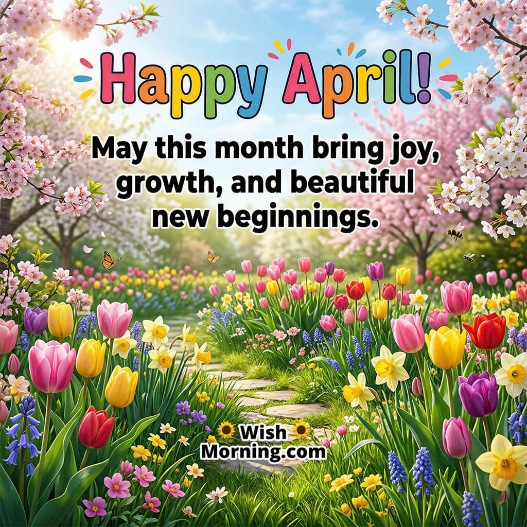 Happy April Joyful New Beginnings Message Image featuring a colorful flower garden path with blooming tulips and butterflies symbolizing growth, happiness, and a positive start to the month.