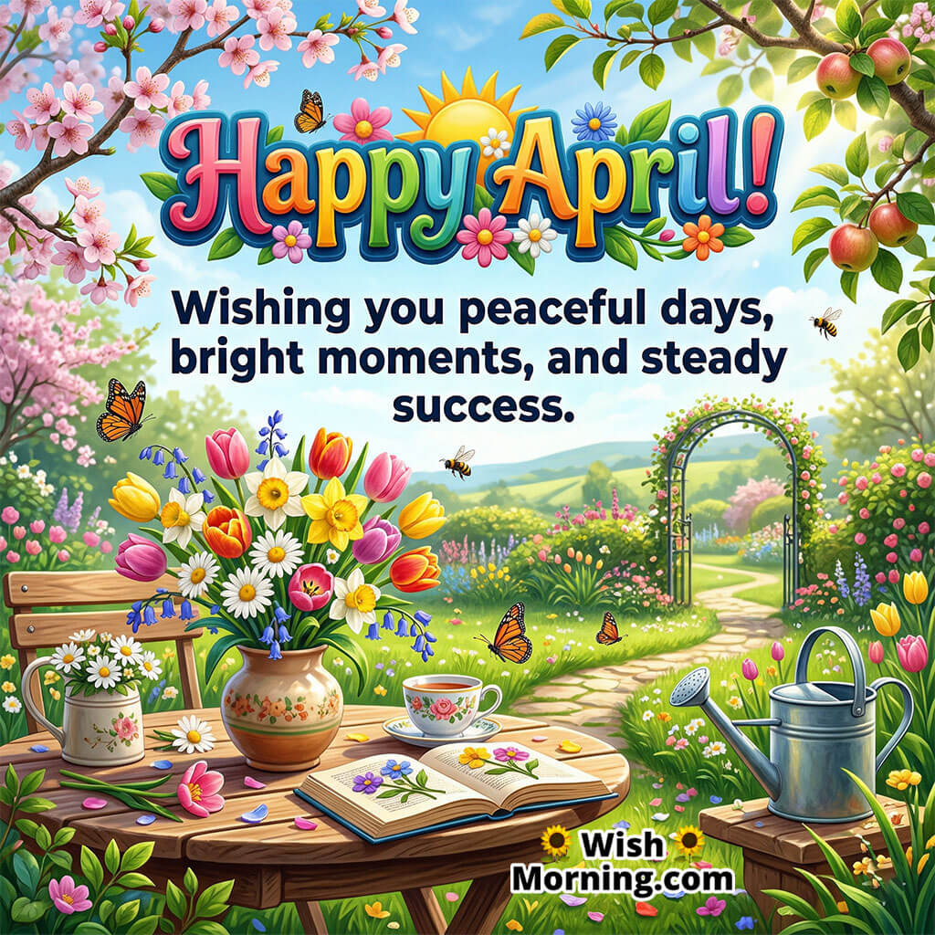 Happy April Peaceful Days and Success Wishes Image featuring a bright spring setup with flowers, butterflies, and garden elements symbolizing peace, success, and cheerful moments.