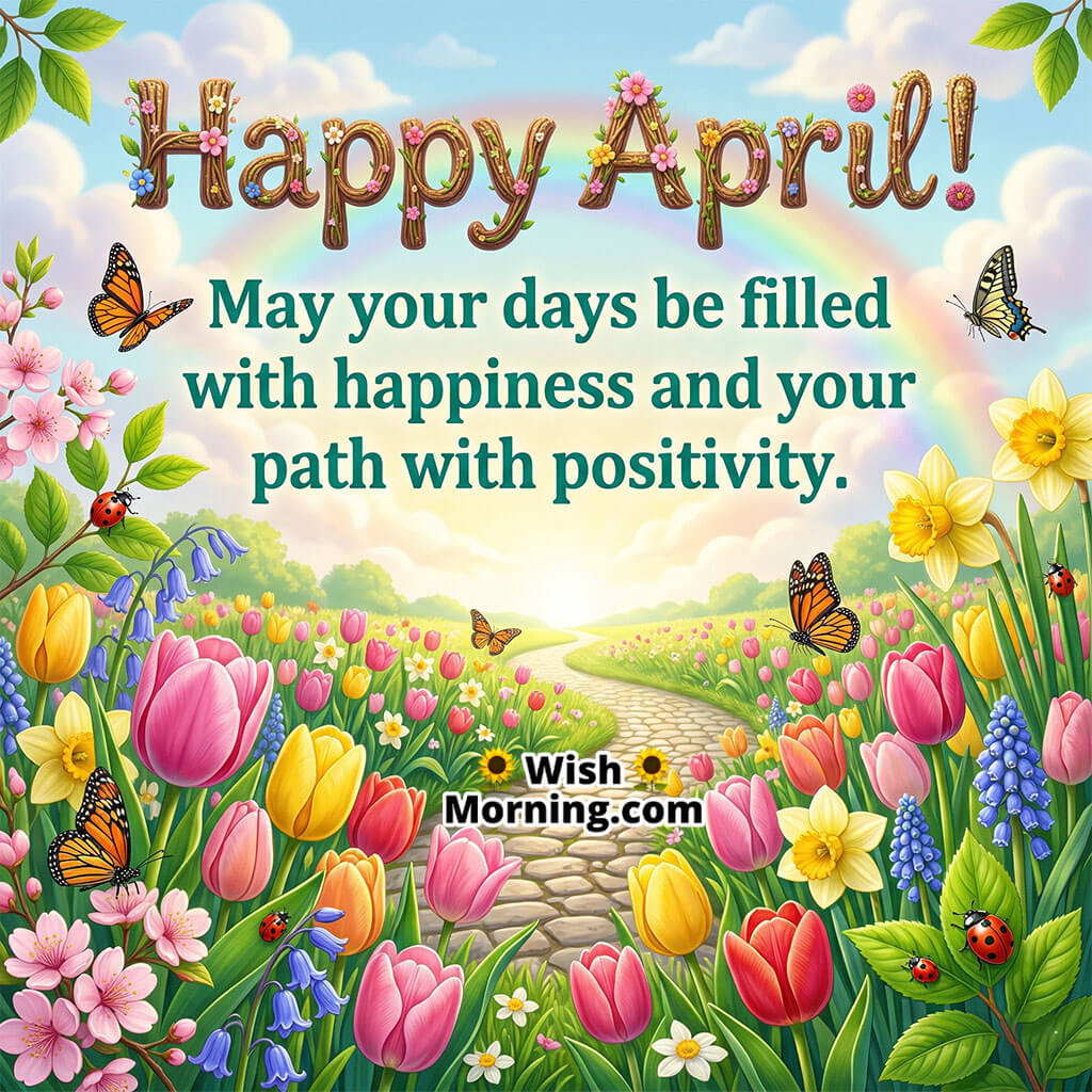 Happy April Positivity and Happiness Path Quote Image featuring a colorful flower-lined pathway with butterflies and soft sky tones symbolizing positivity, joy, and a bright journey ahead.